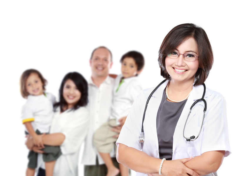 Smiling medical doctor with a stethoscope, in front of her patients. Isolated over white background